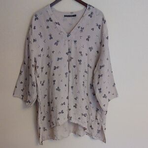 Gudrun Sjoden Linen Tunic Top Whimsical Tan Black Lagenlook Art to Wear SZ XXL